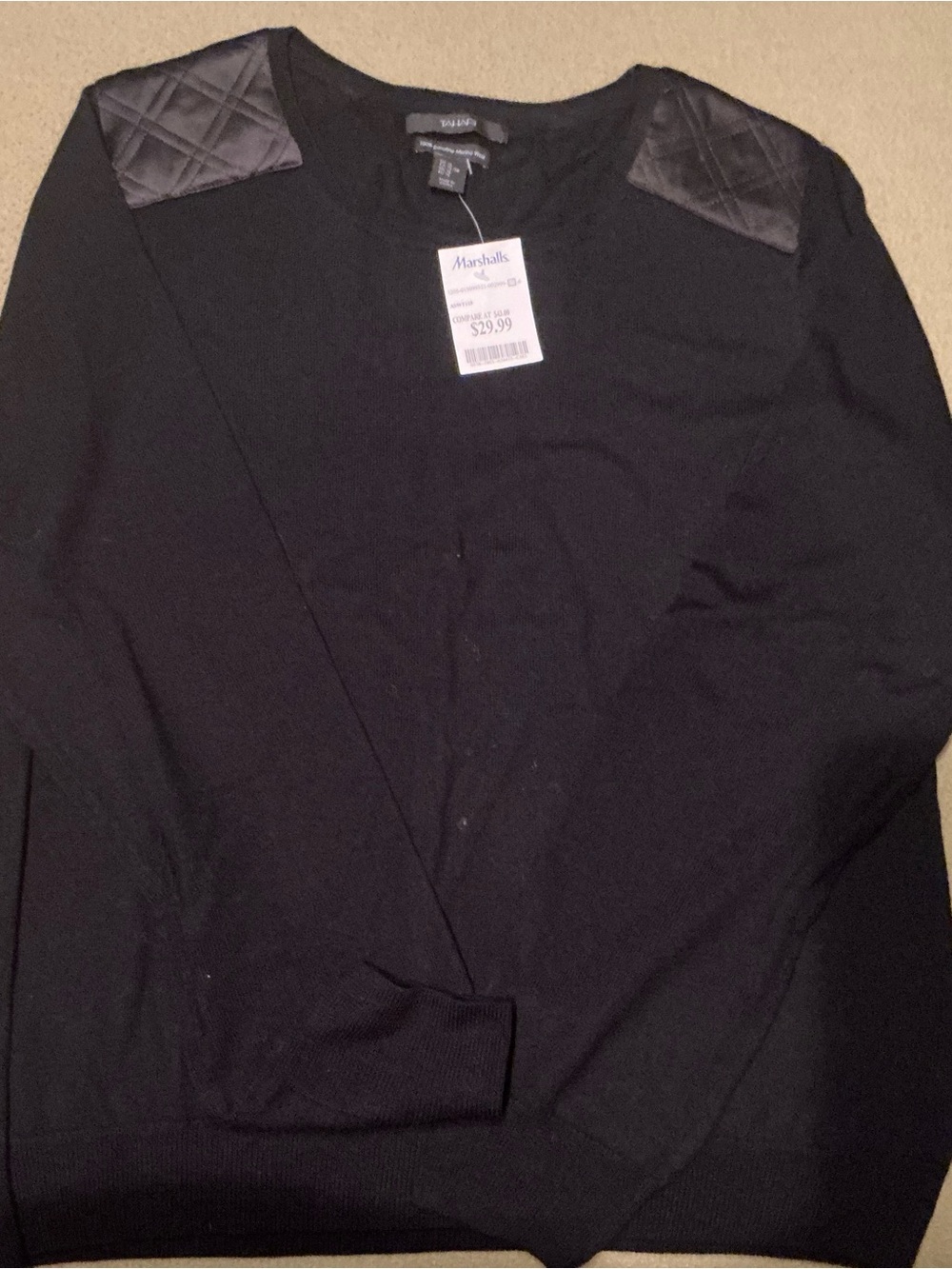Tahari Black Crew Neck Sweater with Quilted Shoulder Patches